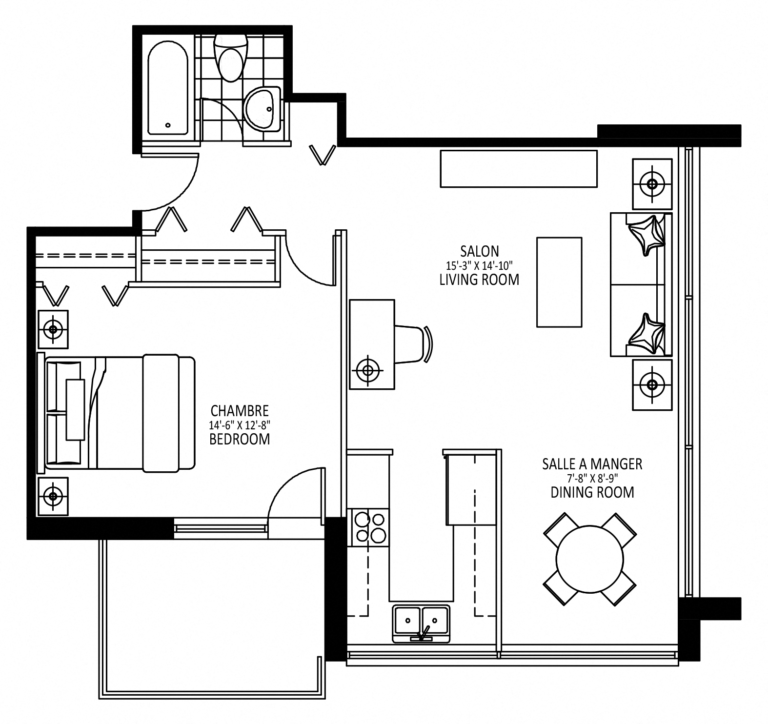 Floor plan for 1 bed, 1 bath, 645 sqft